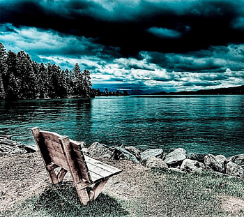 Romantic landscape, bench, landscape, clouds, trees, forest, lake HD wallpaper