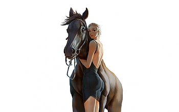 Girl and horse, white, black, horse, art, cal, girl, dress, cowgirl, jingxu yang, fantasy HD wallpaper