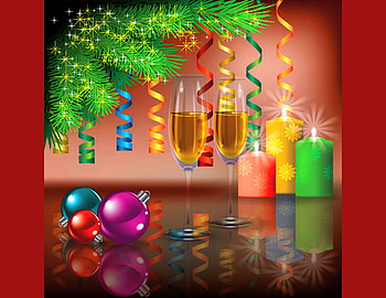 Happy holiday season, champagne, boughs, streamers, candles, balls, reflections HD wallpaper