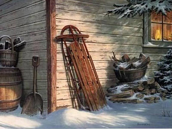 Winter Sled, winter, snow, sled, house HD wallpaper