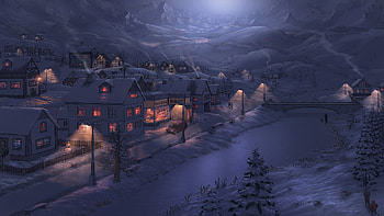 Snowy winter, blue, winter, frozen, house, lake, fel x, moon, fantasy, iarna, luna, luminos, water, ice HD wallpaper