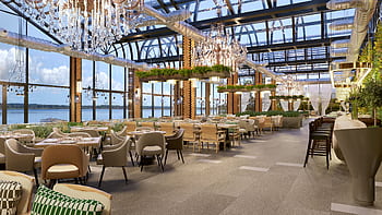 Elegant restaurant interior in Bagad featuring chandeliers and a view. HD wallpaper