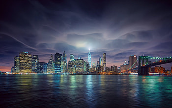 New York, night, blue, buildings, green, sky, water, usa HD wallpaper