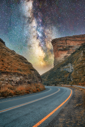 Nature, Canyon, Rocks, Road, Starry Sky, Nebula HD phone wallpaper