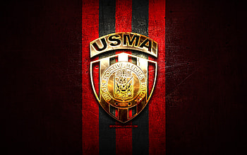 USM Alger, golden logo, Algerian Ligue Professionnelle 1, red metal background, football, Algerian football club, USM Alger logo, soccer, USMA HD wallpaper