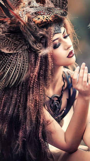 Girl with Owl and Feathers, headdress, lipstick, feather, woman HD phone wallpaper