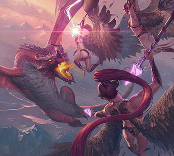 In the fray, view from the top, purple, pink, hugh pindur, fantasy, pindurski, dragon, up, sky HD wallpaper