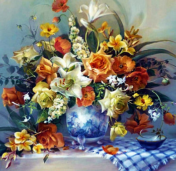 Flowers, artwork, still life, bouquet, painting, blossoms, vase HD wallpaper