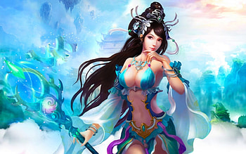 Ice Queen, blue, asian, art, girl, beautiful, rod, woman, digital, fantasy, pretty, ice, female HD wallpaper