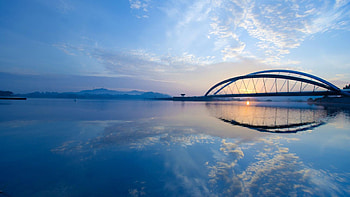 beautiful bridge in putrajaya malaysia, bridge, clouds, bay, reflections HD wallpaper