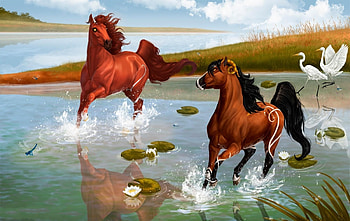 Water, Fantasy, Horses, Heron, Couple, Pair, Spray, Game, Pond HD wallpaper