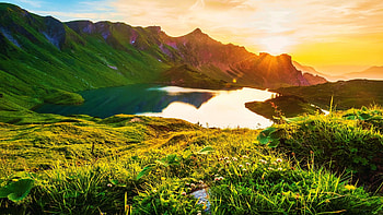 Epic sunset in the Allgaeu Alps, Germany, Bavaria, sky, sun, mountains, water, reflections HD wallpaper