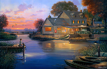 Hunters Cove, huntung, painting, house, puzzle, cabin HD wallpaper