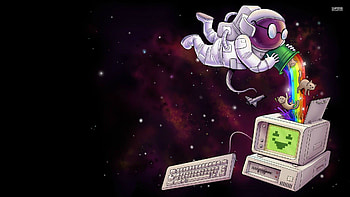 Astronaut gathering nyan cats in a computer - Funny . HD wallpaper