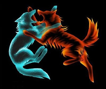 Fire And Ice {Fighting Wolves}, abstract, wolves, fantasy, fire, ice HD wallpaper