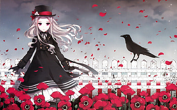 The Girl & The Raven, lolita fashion, girl, long hair, dress, raven, anime, petals, fence, flowers, hat HD wallpaper