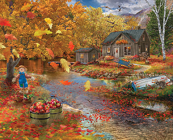 The Fall, leaves, apples, season, fall, autumn, water, cabin, scarecrow, river, painting HD wallpaper