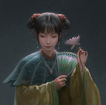 Girl with hand fan and lotus, girl, tangbing, blue, asian, art, forky xu, pink, hand fan, fantasy, green, flower, lotus HD wallpaper