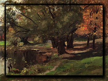 Beside a Pond 1, artwork, scenery, painting, art, trees, water, lake, pond HD wallpaper