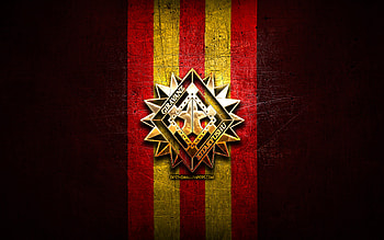 Giravanz Kitakyushu FC, golden logo, J2 League, red metal background, football, japanese football club, Giravanz Kitakyushu logo, Giravanz Kitakyushu HD wallpaper