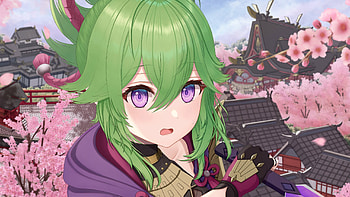 Green Hair Purple Eyes Kuki Shinobu Genshin Impact HD wallpaper