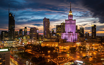 Warsaw, Zlota 44, evening, Collegium Civitas, Warsaw cityscape, Warsaw panorama, Poland HD wallpaper