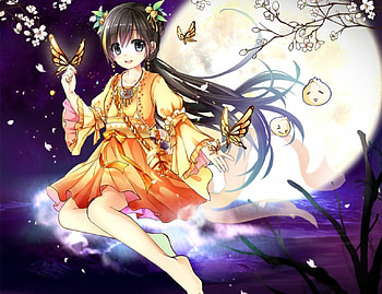 Moon Butterfly, florar, night, great, awesome, glow, wonderful, long hair, nice, lady, butterfly, moon, flower, magical, maiden, adorable, spendid, female, blossom, sweet, magic, gorgeous, girl, kawaii, anime girl, anime, fantasy, pretty, lovely HD wallpaper