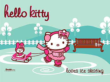 *Ice Skating*, blue, winter, white, snowy, cartoon, skating, cute, hello kitty, pink, ice skating, snow, ice skate, ice, pond HD wallpaper