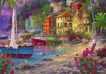 Seaside Village, boats, houses, water, docks, beach HD wallpaper