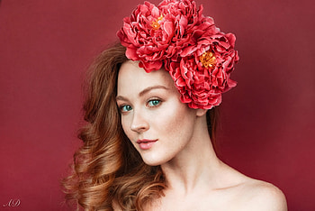 Beauty, model, woman, flower, red, peony, girl HD wallpaper