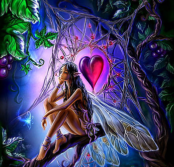 captured heart, fairy, girl, dream catcher, heart, forest, abs HD wallpaper