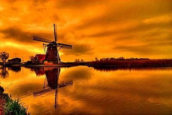 Mill reflection, mill, beautiful, orange, sunrise, reflection, mirrored, red, clouds, sky, calmness, sunset HD wallpaper