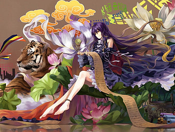 Anime, tiger, art, girl, lily, pretty, flower, bright colors, leaf HD wallpaper