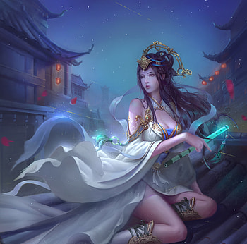 Princess, blue, flute, frumusete, asian, yonghe qiu, girl, roof, fantasy, luminos HD wallpaper