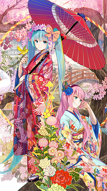 Vocaloid Elegance: Luka & Miku Blossom Kimono, Hatsune Miku, Anime, Vocaloid HD phone wallpaper