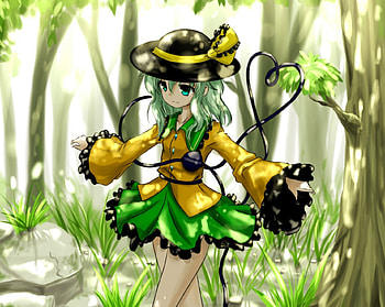 Komeiji Koishi, anime, touhou, green hair, green eyes, forest, hat HD wallpaper