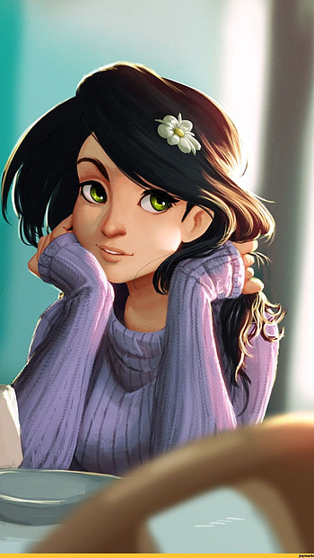 Cute Cartoon Girl, Purple Sweater, cartoon HD phone wallpaper