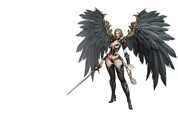 Dark angel, wings, white, black, sword, girl, angel, dark, woman, feather, fantasy, game HD wallpaper