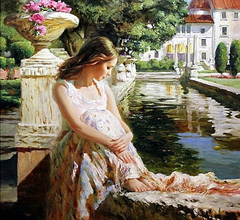 Girl in a summer day, summer day, feminine, beautiful, sit, woman, delicate, hot water, painting, young, building, trees, flowers, painter, pool, look HD wallpaper