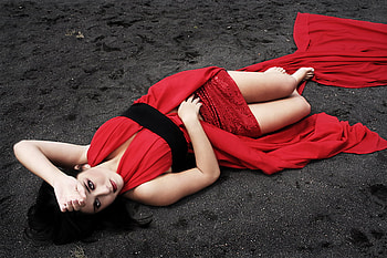 In red, model, dress, woman, red HD wallpaper