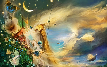 When Fairies Dream, fairy, magic, butterfly, moon, fantasy, clouds, nature HD wallpaper