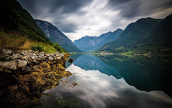 Norwegian Fjords, Mountain landscapes, Sogn og Fjordane, Serene lakes HD wallpaper