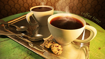 Coffee time, wooden, two, hot, drinks, filter coffee, cups, tray, coffee table, time, coffee, cookies HD wallpaper