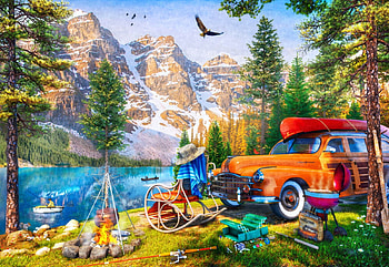 Lake Moraine, eagle, boats, car, fishing, trees, campfire, mountains, chair, artwork, digital HD wallpaper