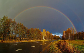 Rainbow ower Latvian Road, autumn, Latvia, road, rainbow HD wallpaper