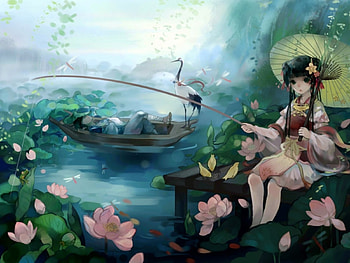 Lady Fishing, cute, lady, anime, fishing HD wallpaper