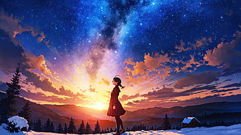 Girl Looking At Starry Sunset, girl, sunset, clouds, cloud, sky, stars, snow, artist, artwork, art, digital-art, ai, pixiv HD wallpaper