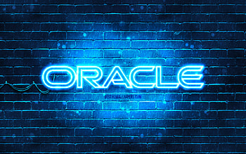 Oracle blue logo, , blue brickwall, Oracle logo, brands, Oracle neon logo, Oracle HD wallpaper