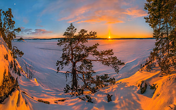 Winter Sunset, snow, lake, frozen, clouds, trees, sky, sun HD wallpaper