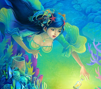 Message In A Bottle, colorful, coral, mermaid, message, fantasy, fish, bottle HD wallpaper